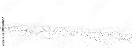 Abstract vector technology white hexagon wave with motion dots and lines. Dark cyberspace in digital background. Dynamic cyber hexagon mesh. Medical backdrop. Futuristic wireframe texture.