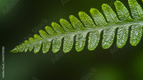 Close-up of a vibrant green fern leaf with detailed texture and natural lighting