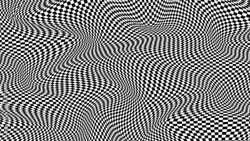 Floor in tile checker. Vector pattern of optical illusion. Moving wave with black and white squares. Op art. Background with chessboard grid. Abstract distorted texture. Psychedelic illustration.