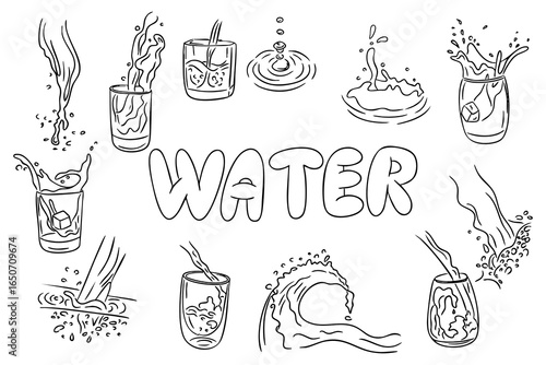 Hand drawn vector illustration of water splashes, pouring drinks, and waves in outline style, isolated on white background. Concept of freshness, hydration and clean natural resource