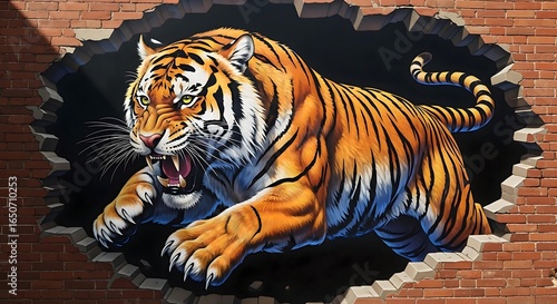 Fototapeta Naklejka Na Ścianę i Meble -  3D Tiger Mural Breaking Through Brick Wall Art Wildlife Illustration