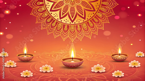Festive diwali background with mandala pattern candles and flowers for celebration and decoration design