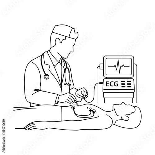 ECG test and medical procedure: A doctor is monitoring a patient's heart condition with an ECG machine, which can be used for clinical testing, health diagnosis, and medical procedures.