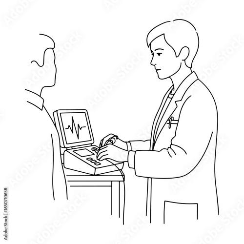 ECG test and medical procedure: A doctor is monitoring a patient's heart condition with an ECG machine, which can be used for clinical testing, health diagnosis, and medical procedures.