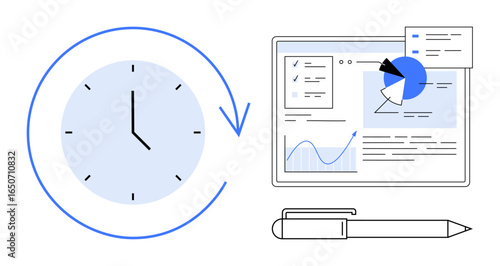 Clock with arrow for time tracking next to analytics dashboard, pie chart, and pen. Ideal for productivity, planning, workflow, business strategy, deadlines, task management simple landing page