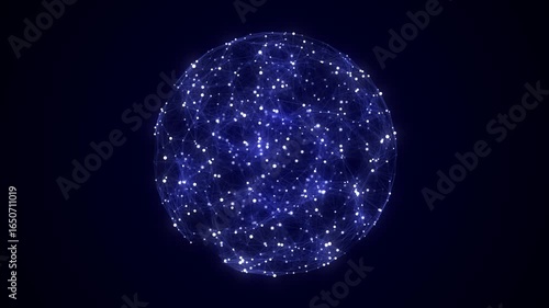 Futuristic blue sci-fi sphere in space. Technology circle a network connection big data. Digital ai background with particles. Abstract frame ball. 3D wireframe geometric sphere. 3D rendering.