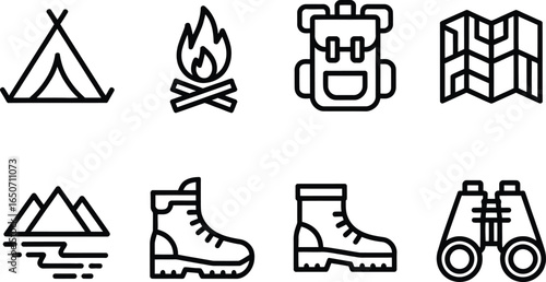 Adventure Icon Set Outline Style Camping Boots Tent Map Binoculars on Transparent
