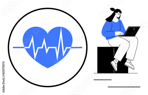 Heart with heartbeat line in circle next to a woman working on a laptop while sitting on a block. Ideal for health tech, telemedicine, online care, fitness tracking, remote health work, wellness
