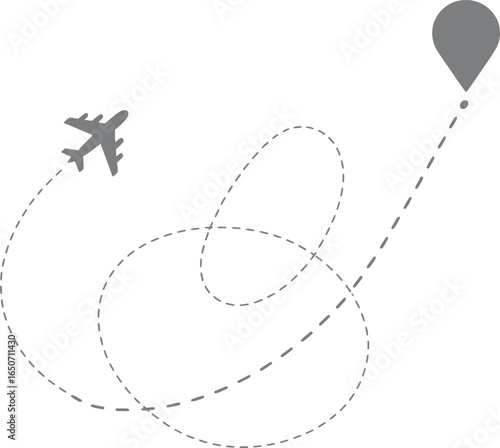 Airplane Flight Path with Location Pin, Transparent Background, Dashed Line, Route