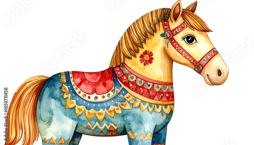 Colorful watercolor illustration of a decorative horse.