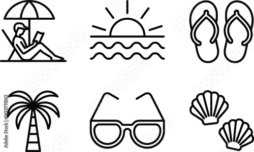 Beach Icon Set Sun, Waves, Man Relaxing, Palm Tree, Sunglasses, Seashells