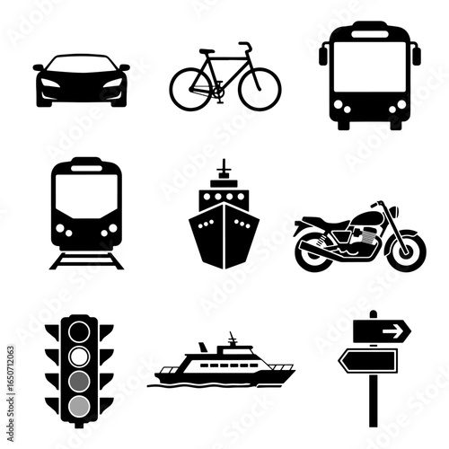 Collection of black transportation icons including car bus train motorcycle ship and traffic light