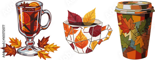 autumn drinks set with mulled wine and hot beverages in cups vector illustration with fallen leaves and spices cozy seasonal design
