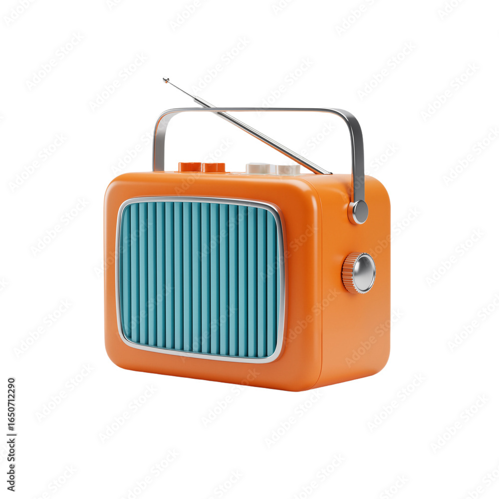 Obraz premium A vibrant orange retro radio with a pale blue grille and silver handle rests against a white background. Its nostalgic design symbolizes connection, storytelling, and the timeless magic of music and s