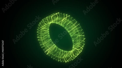 3D futuristic geometric shape with green dots and lines. Structure technology network connection. Abstract wireframe twist form. Ai in dark cyberspace background. 3D rendering.