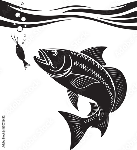 Predator fish hunts tiny prey underwater with ripples