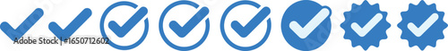 Blue Check Mark Variations, Icons, Symbol Set on a Clean White Background