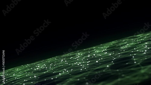 Technology green perspective grid in infinity. Abstract digital wireframe floor with lines. Dark wave in digital background. Flooring illustration. Analysis a network connection. 3D rendering.