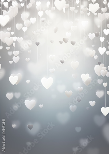 Glowing white heart bokeh on dark blurred background, romantic light design.