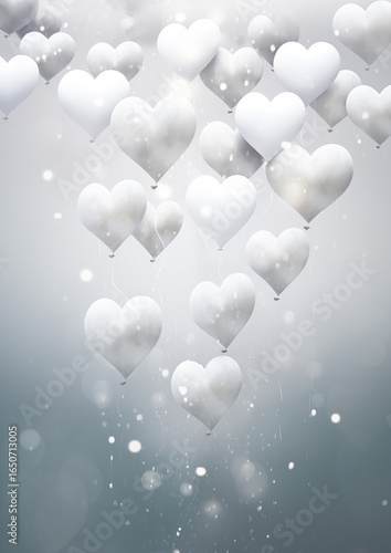Glowing white heart bokeh on dark blurred background, romantic light design.