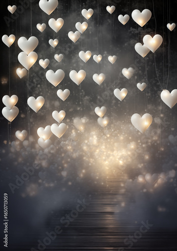 Glowing white heart bokeh on dark blurred background, romantic light design.