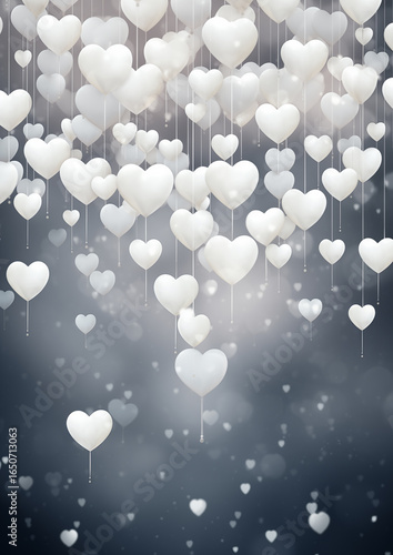 Glowing white heart bokeh on dark blurred background, romantic light design.