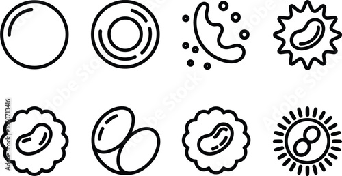 Cell Line Icon Set, Black Line Art, Transparent Background, Biology, Outline Circle