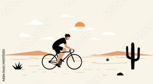 Vector art of a cyclist training on a road bike in a minimalist desert landscape under the sun
