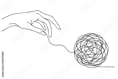 elegant line art, hand pulling tangled thread, mental clarity, emotional release, abstract illustration, therapy concept psychotherapy medical icons