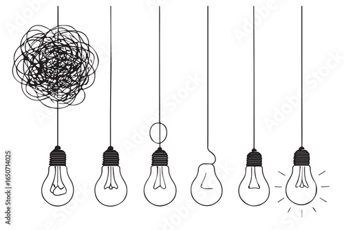 unraveling lightbulbs journey, from chaos to clarity, creative process, abstract light, mental clarity therapy psychotherapy medical icons