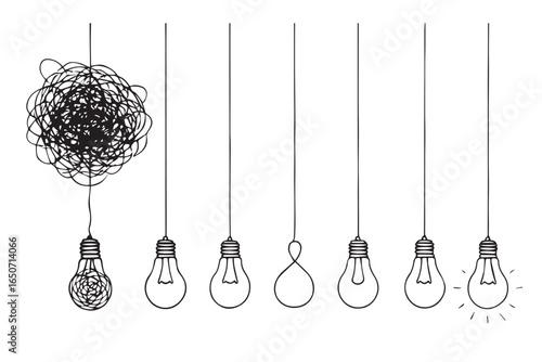 unraveling lightbulbs, creative thought journey, from confusion to clarity, light of ideas, abstract mental process psychotherapy medical icons