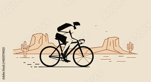 Cycling through a desert landscape with mountains and cacti in the background, a person enjoying an outdoor adventure