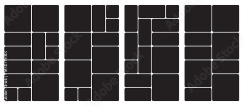 Bento grid vector vertical layouts. Geometric tiles pattern for photo collage, website layout, etc. Trendy tiling frames arrangements and presentation templates for social media.