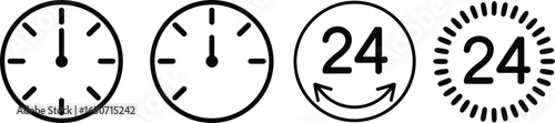 Four 24 Hour Clock Icons on Transparent Background, Time Symbols, Opening Times