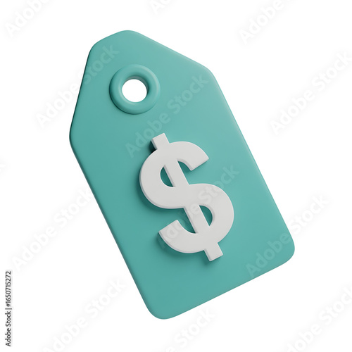 A 3d rendered turquoise price tag icon featuring a prominent white dollar sign representing finance and commerce.