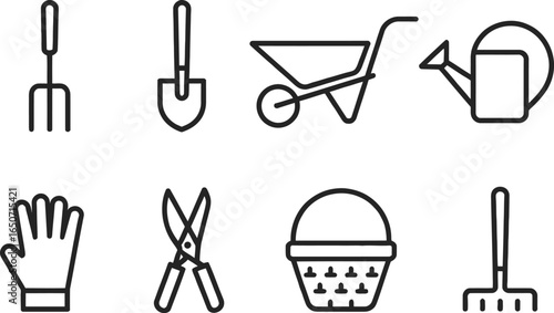 Garden Equipment Icons Set Pitchfork, Shovel, Wheelbarrow, Can, Gloves, Shears, Basket, Rake