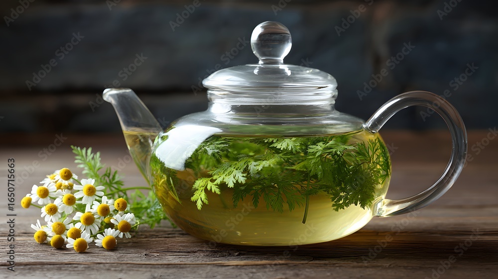 chamomile tea in a glass teapot on a wooden table chamomile tea in a glass teapot on a wooden table