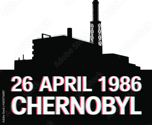 Industrial Silhouette with Dates, Building with Tower, Isolated on White Color