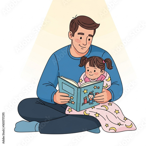 Father and Daughter Reading Book Together Cozy Scene Illustration