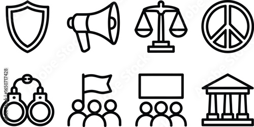 Justice And Protest Icon Set, Featuring Shield, Megaphone, Peace Symbol, Handcuffs