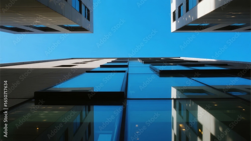 Fototapeta premium Modern skyscrapers viewed from below against a clear blue sky