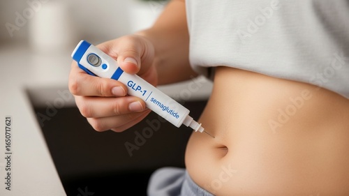 person is injecting their stomach with a GLP-1 semaglutide pen. The medical device and a person's hand are in focus. The concept is medicine, treatment, and weight loss