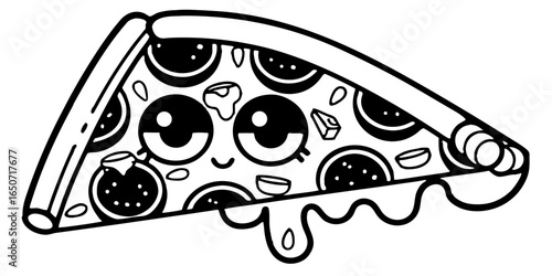 Cartoon pizza slice with pepperoni and cheese toppings and a cute facial expression in black and white style