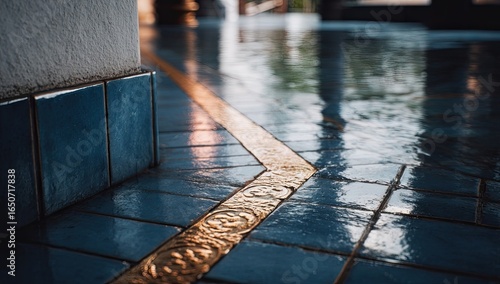 Close-up of patterned tile floor.  Gold trim, dark blue tiles.  Reflective surface