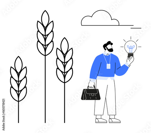 Businessperson with briefcase holding glowing lightbulb near wheat stalks under cloud. Ideal for agriculture, innovation, sustainability, ideas, food production, growth, eco-solutions. Simple flat