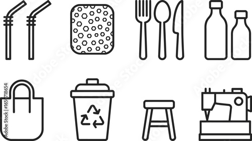 Line Icons of Straws, Sponge, Cutlery, Bottles, Bag, Recycle Bin, Stool and Machine