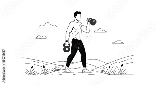 Fitness Journey Man Exercising with Dumbbells Outdoors, Strengthening Body, Mind, and Soul