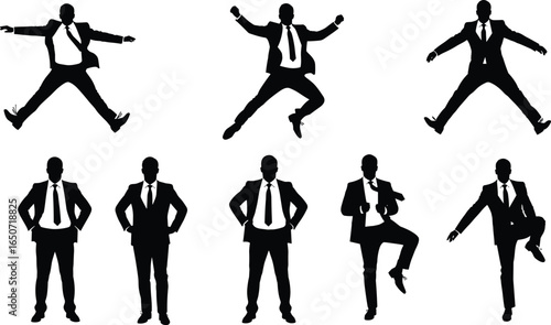 Businessman silhouette collection, professional male figures in suits, various confident standing and jumping poses, formal office attire, executive leadership, corporate style