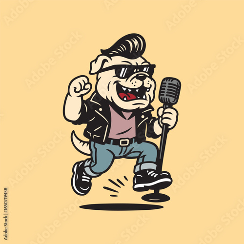 Dog singing with microphone with retro style illustration