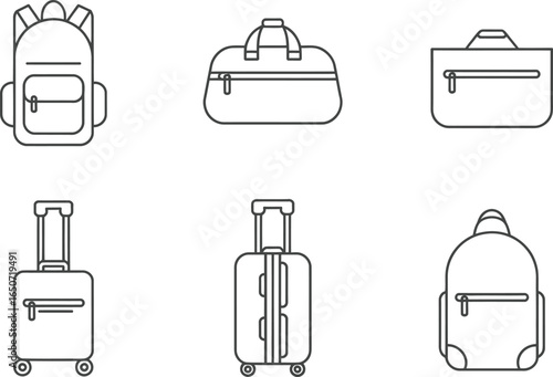 Luggage Outlines Backpack, Duffle Bag, Briefcase, Wheeled Suitcases on White